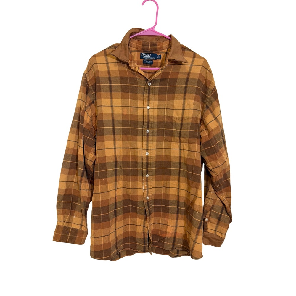 Polo Ralph Lauren Lowell Sport Plaid Shirt Mens XL Brown Cotton Distressed